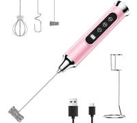 YUSWKO Mousseur à lait rose avec support, mousseur à café portable, mélangeur de boisson rechargeable, fouet électrique étanche