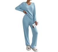 Yutdeng Ensemble 2 Pièces pour Femme Survêtement de Détente Automne et Hiver Décontracté Ensemble de Pyjama Col en V Côtelé Manches Longues et Pantalon à Jambes Larges avec poches Sportwear