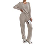 Yutdeng Ensemble 2 Pièces pour Femme Survêtement de Détente Automne et Hiver Décontracté Ensemble de Pyjama Col en V Côtelé Manches Longues et Pantalon à Jambes Larges avec poches Sportwear