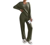 Yutdeng Ensemble 2 Pièces pour Femme Survêtement de Détente Automne et Hiver Décontracté Ensemble de Pyjama Col en V Côtelé Manches Longues et Pantalon à Jambes Larges avec poches Sportwear