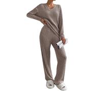 Yutdeng Ensemble 2 Pièces pour Femme Survêtement de Détente Automne et Hiver Décontracté Ensemble de Pyjama Col en V Côtelé Manches Longues et Pantalon à Jambes Larges avec poches Sportwear