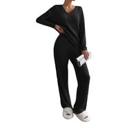 Yutdeng Ensemble 2 Pièces pour Femme Survêtement de Détente Automne et Hiver Ensemble de Pyjama Col en V Côtelé Manches Longues et Pantalon à Jambes Larges avec poches Sportwear,Noir,XXL