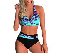 Yutdeng Maillots de Bain Femmes 2 Pieces Crossover Push Up Bikini Sets Tribal Print Ensemble de Tankini Dos Nu Croix Maillots Deux Pièces Froncé Bas de Bikini Taille Haute Imprimé,Bleu,XL