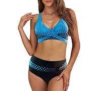 Yutdeng Maillots de Bain Femmes 2 Pieces Crossover Push Up Bikini Sets Tribal Print Ensemble de Tankini Dos Nu Croix Maillots Deux Pièces Froncé Bas de Bikini Taille Haute Imprimé,Noir,S