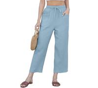 Yutdeng Pantalon Coton Lin Femme été Décontracté Pantalon 3/4 à Cordon Élastique Respirant Pantalons Large Pantacourt Fluide Léger Pantalon avec Poches Confortable Pantalons de Plage,Bleu,XL