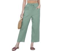 Yutdeng Pantalon Coton Lin Femme été Décontracté Pantalon 3/4 à Cordon Élastique Respirant Pantalons Large Pantacourt Fluide Léger Pantalon avec Poches Confortable Pantalons de Plage,Vert,S