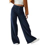 Yutdeng Pantalon en Velours Côtelé pour Femme Vintage Décontracté Taille Haute Pantalons à Jambe Large Couleur Unie Ample Pantalons Coupe Droite Pantalon de Loisirs avec Poches,Bleu Marine,XL