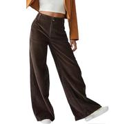 Yutdeng Pantalon en Velours Côtelé pour Femme Vintage Décontracté Taille Haute Pantalons à Jambe Large Couleur Unie Ample Pantalons Coupe Droite Pantalon de Loisirs avec Poches,Café,XL