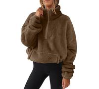 Yutdeng Sweat Polaire Femme avec Demi-Zip Sweatshirts avec Poches Sweat à Manches Longues Sweat-Shirt sans Capuche Col Roulé Pulls en Peluche Hiver Chaud DéContracté Couleur Unie Pullover,Marron,XL