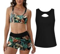 Yutdeng Tankini Maillot de Bain Femme 3 Pièces Haut de Bikini Push Up Croisé Shorty Taille Haute Débardeur Creux Dos Ensembles Maillots de Bain Contrôle du Ventre Tankini Set Imprimé Swimwear Modeste