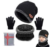 Yutdeng Tricotés Enfants Ensemble d'hiver Bonnet écharpe Gants d'écran Tactile 3 en 1, Doublure Molleton Doux Bonnet tricoté Chaud Cache-Cou Extensible Gants tactiles à 3 Doigts pour