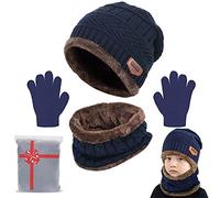 Yutdeng Tricotés Enfants Ensemble d'hiver Bonnet écharpe Gants d'écran Tactile 3 en 1, Doublure Molleton Doux Bonnet tricoté Chaud Cache-Cou Extensible Gants tactiles à 3 Doigts pour