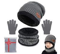 Yutdeng Tricotés Enfants Ensemble d'hiver Bonnet écharpe Gants d'écran Tactile 3 en 1, Doublure Molleton Doux Bonnet tricoté Chaud Cache-Cou Extensible Gants tactiles à 3 Doigts pour