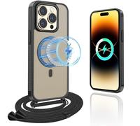 Yutwo Coque Compatible iPhone 14 Pro avec Cordon, MagSafe Recharge Mat Translucide Coque iPhone 14 Pro avec Collier Housse Silicone Transparente Antichoc Magnétique Étui avec Cordon,Rose