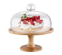 YuuHeeER Petit présentoir à gâteau avec dôme en verre et base en bois et couvercle