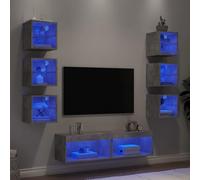 YuuSsea 8 pièces. Salon avec éclairage LED, gris béton, matériau en bois, montage mural, matériau robuste, grand espace de rangement, design moderne