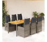 YuuSsea Ensemble bistro de jardin 7 pièces avec fauteuils relaxants réglables, table en polyrotin gris, table en bois d'acacia, résistant aux UV, pour balcon, terrasse, 190 x 90 x 75 cm
