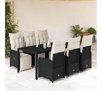 YuuSsea Ensemble bistro de jardin 7 pièces en polyrotin noir, chaises réglables avec repose-pieds, plateau de table en verre trempé, coussins blanc crème, résistants aux UV, pour balcon, jardin et