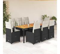 YuuSsea Ensemble bistro de jardin de 9 pièces en polyrotin noir, fauteuils de relaxation réglables, plateau de table en bois d'acacia, meubles d'extérieur pour balcon et terrasse, coussins blanc crème