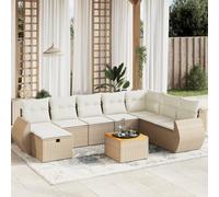 YuuSsea Ensemble de 9 meubles de jardin en polyrotin beige, plateau de table en bois d'acacia, design modulaire, résistant aux UV, pour terrasse, balcon, extérieur