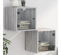 YuuSsea Lot de 2 tables de chevet avec portes en verre - Gris Sonoma - 35 x 37 x 35 cm - Bois dérivé du bois - Montage mural - Design moderne pour chambre à coucher