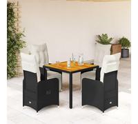 YuuSsea Lot de 5 meubles de jardin bistro en polyrotin noir, chaises réglables avec repose-pieds, table en bois d'acacia, coussins blanc crème, résistants aux UV, charge maximale de 110 kg, pour