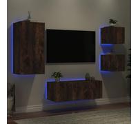 YuuSsea Lot de 5 pièces : meuble de salon avec éclairage LED RVB, bois de chêne fumé, 3 armoires murales, 1 meuble TV, 1 vitrine, design moderne pour le salon