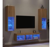 YuuSsea Lot de 5 pièces murale en bois de chêne Sonoma avec éclairage LED RVB - Montage mural - Espace de rangement pour salon - Polyvalent - Design moderne