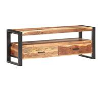 YuuSsea Meuble TV 120 x 35 x 45 cm, bois massif d'acacia couleur miel, cadre en acier robuste, support TV universel avec 2 tiroirs, pour salon, chambre à coucher, meuble multimédia