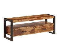 YuuSsea Meuble TV 120 x 35 x 45 cm - Bois massif d'acacia - Design vintage - Avec 2 tiroirs - Structure robuste en acier poli - Pour salon - Support TV universel polyvalent