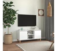 YuuSsea Meuble TV blanc brillant, 103,5 x 35 x 50 cm, avec pieds en bois d'eucalyptus massif, 2 étagères, 2 compartiments, support TV universel pour salon, stable
