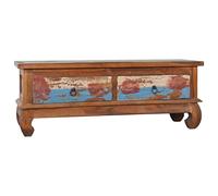 YuuSsea Meuble TV en teck vieilli, 110 x 35 x 40 cm, meuble multimédia robuste avec 2 tiroirs, finition huilée naturelle, design unique de pieds griffes pour salon, style colonial