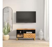 YuuSsea Meuble TV marron/noir, 80 x 33,5 x 46 cm, en bois massif de mangue, meuble multimédia robuste, grand espace de rangement, pieds en fer stables, support TV universel polyvalent