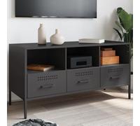 YuuSsea Meuble TV noir 100,5 x 39 x 50,5 cm, en acier laminé à froid robuste, style industriel, avec 3 tiroirs, pieds réglables, support TV universel pour salon
