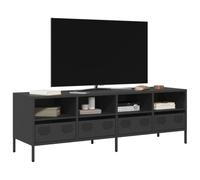 YuuSsea Meuble TV noir 135 x 39 x 43,5 cm, en acier laminé à froid, support TV universel avec 4 compartiments, pieds réglables, design industriel pour salon