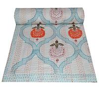 YUVANCRAFTS Couvre-lit indien fait main en coton Kantha traditionnel imprimé à la main pour lit simple (blanc)
