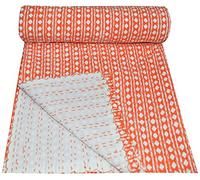 YUVANCRAFTS Couvre-lit indien fait main en coton Kantha traditionnel imprimé à pois pour lit simple (orange)