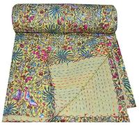 Yuvancrafts Couvre-lit indien fait main en coton Kantha traditionnel imprimé floral (jaune)