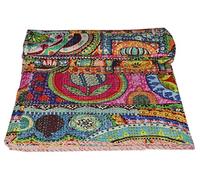 YUVANCRAFTS - Couvre-lit Kantha en coton pur fait à la main - Patchwork traditionnel indien multicolore - Couvre-lit, jeté (taille simple)