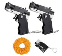YUVKIN 2 pcs Mini-pistolet à élastiques en métal, pliable, 6 tirs avec porte-clés et 120 élastiques, porte-clés en métal pliant pour activités extérieures pour enfants