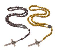 YUVKIN 2 pièces Collier Chapelet Bois, Chapelet Catholique avec Croix, Collier Chapelet Croix Catholique, Perles de Prière en Bois Naturel, pour Communion, Messe, Baptême