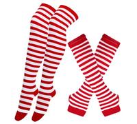 YUVKIN Chaussettes Hautes Élasticité Élevée Gants Sans Doigts Rayés Ensemble (Blanc-rouge)