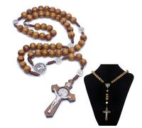 YUVKIN Collier Chapelet Catholique en Bois Naturel avec Croix et Médaille de Jésus-Christ et Saint Benoît, Prières, Communion, Baptême, Messe, Bible, Accessoire Religieux pour Chrétiens Catholiques