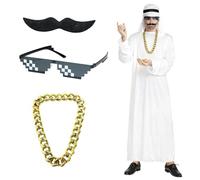 YUVKIN Costume de Cheikh Arabe pour Homme, comprenant une robe arabe blanche, un keffieh à carreaux, des lunettes de soleil. Déguisement pour Carnaval, Cosplay, Fêtes (blanc)