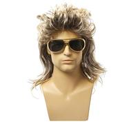 YUVKIN Perruque Ryan Vokuhila Cheveux Synthétiques Années 80 Accessoire Bad Taste Party Soirée à Thème Carnaval (Blond-Brun)