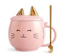 Yuwu Tasse à café en céramique avec cuillère et couvercle, tasse fantaisie de 382,7 g avec couvercle de support de téléphone, tasse à thé kawaii pour femmes et amateurs de chats