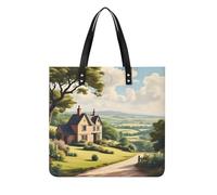 YUXBVKRS Grand sac fourre-tout pour femme, sac à bandoulière en cuir synthétique avec imprimé vue de chalet de campagne pour le shopping, les voyages, le travail