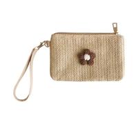 YUXITA Petit portefeuille tissé pour femme et fille avec dragonne, porte-cartes de crédit, porte-monnaie, clés, rouge à lèvres, Jaune paille avec fleurs couleur café, As Shown In The Picture