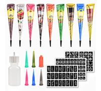 YUXUAN Kit de tatouage temporaire, cône de tatouages temporaires 9 couleurs, ensemble motifs pochoir 108 pièces, 1 flacon applicateur 5 buses en plastique, kit dessin tatouage pour Halloween.