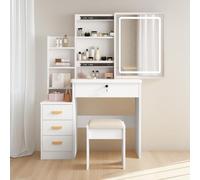 YuYe Coiffeuse avec éclairage LED, miroir à luminosité réglable, coiffeuse avec tabouret, coiffeuse avec 5 tiroirs et 3 étagères, moderne, en bois, couleur blanche (125)